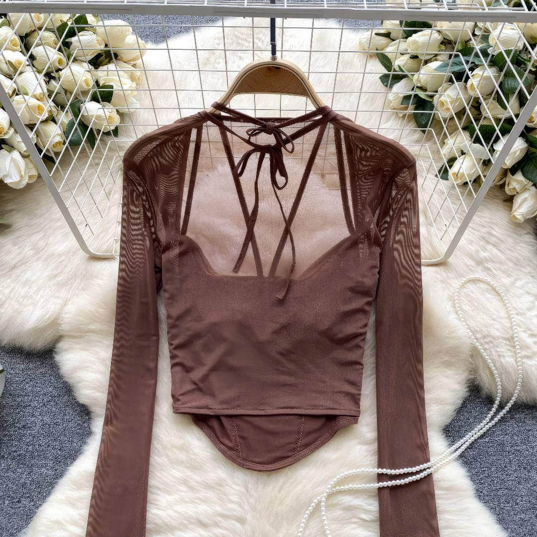 Long Sleeves Strappy Bustier Mesh Top