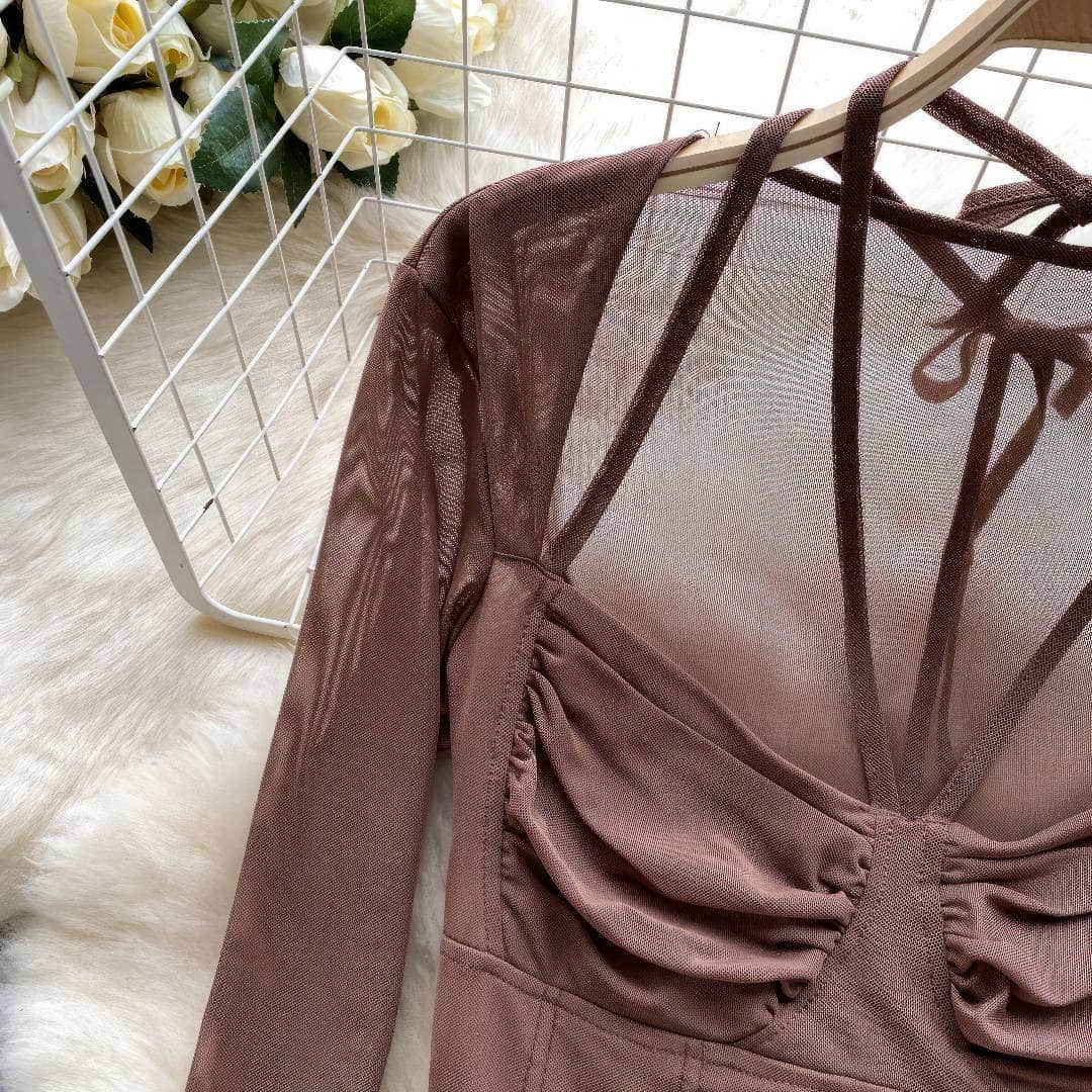 Long Sleeves Strappy Bustier Mesh Top