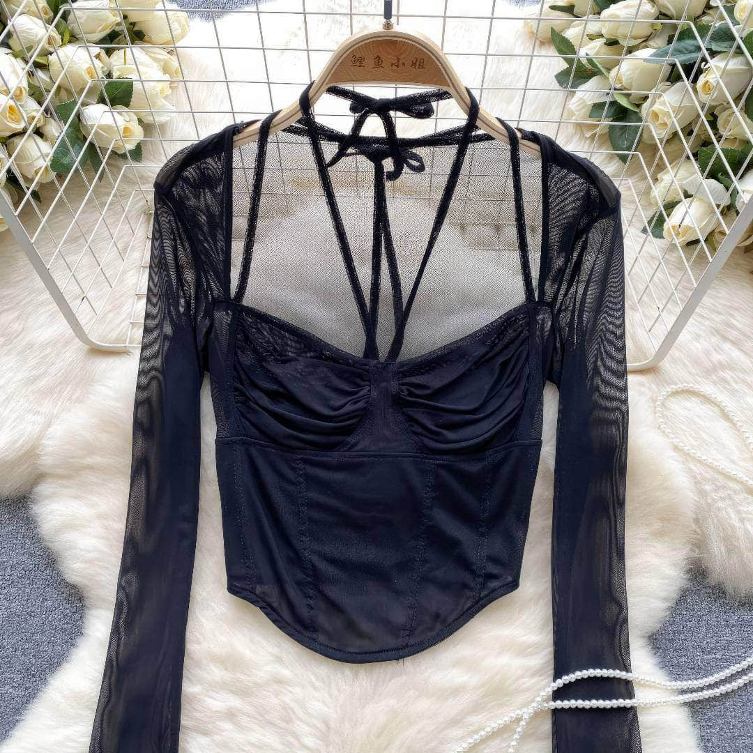 Long Sleeves Strappy Bustier Mesh Top