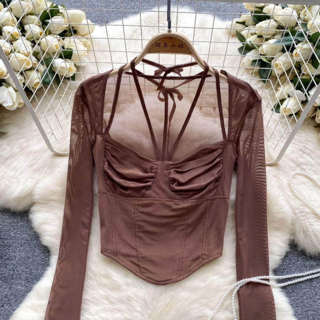 Long Sleeves Strappy Bustier Mesh Top