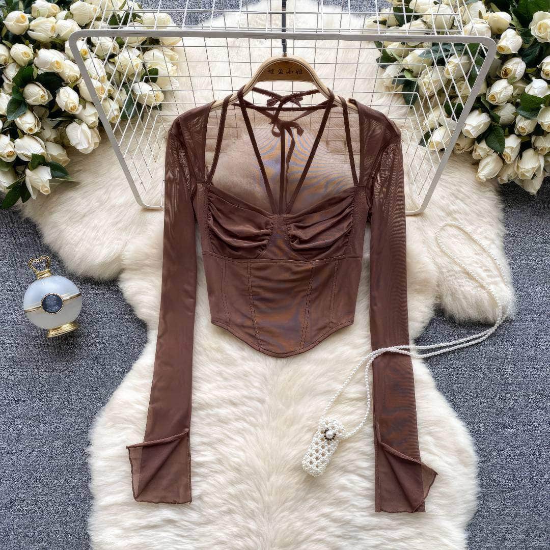 Long Sleeves Strappy Bustier Mesh Top MAX SIZE / Brown