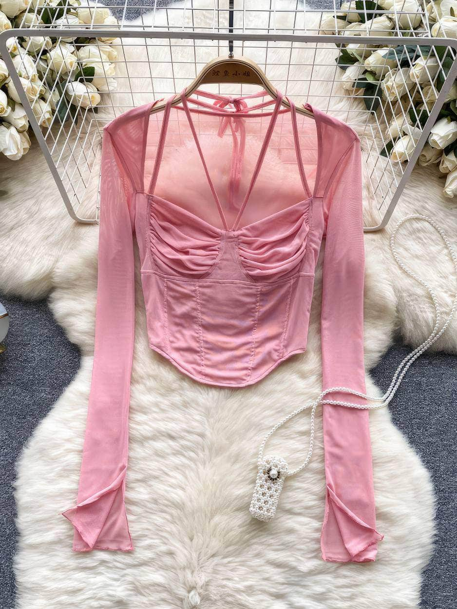 Long Sleeves Strappy Bustier Mesh Top MAX SIZE / Pink