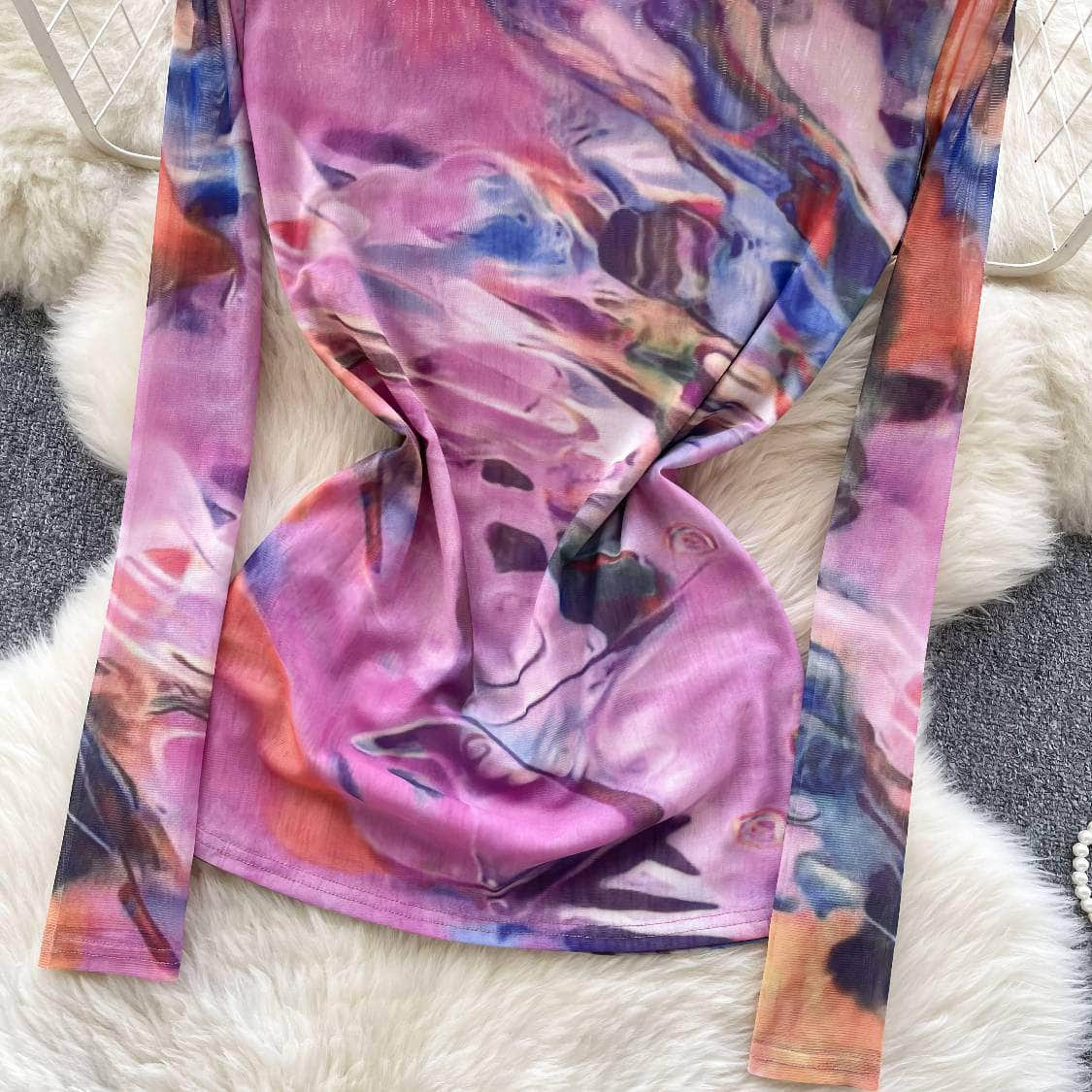 Long Sleeves Tie-Dye Print Mesh Top