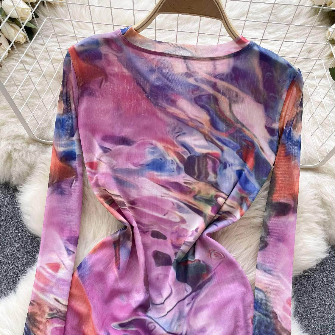 Long Sleeves Tie-Dye Print Mesh Top