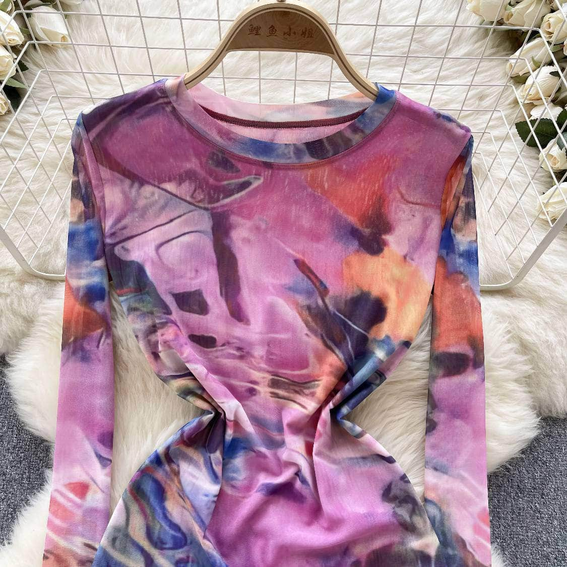 Long Sleeves Tie-Dye Print Mesh Top