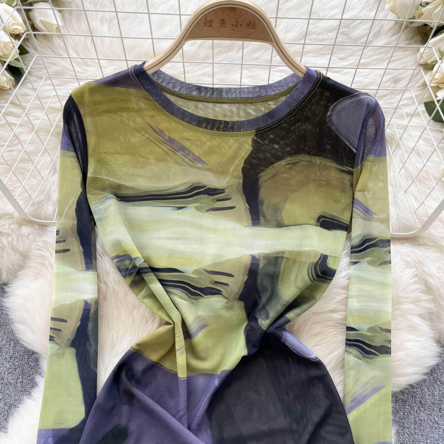 Long Sleeves Tie-Dye Print Mesh Top