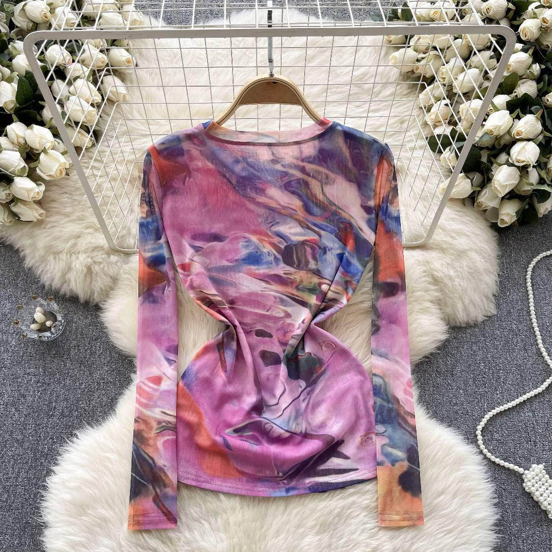 Long Sleeves Tie-Dye Print Mesh Top