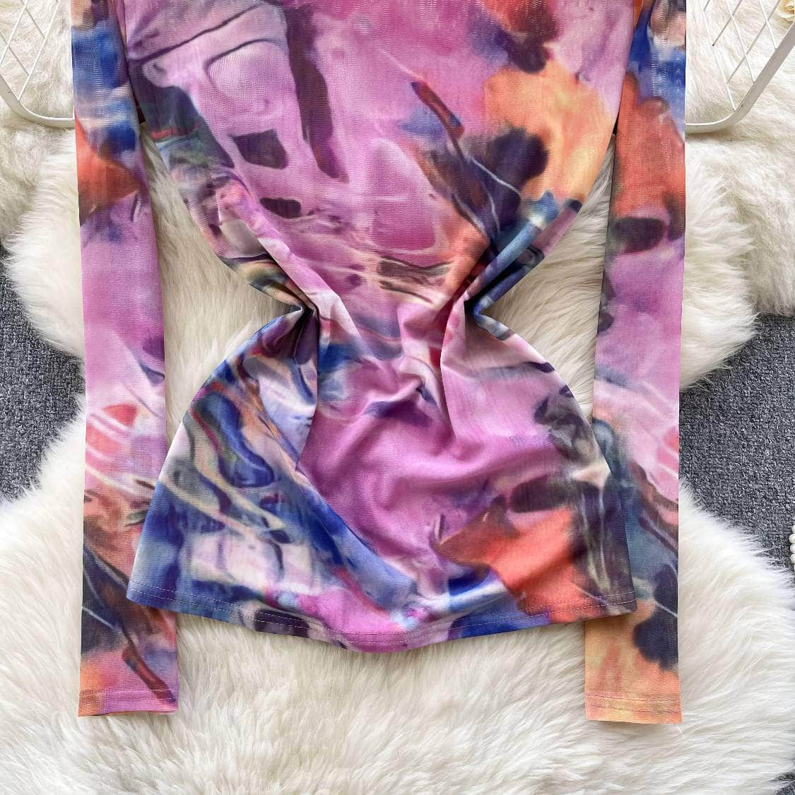 Long Sleeves Tie-Dye Print Mesh Top