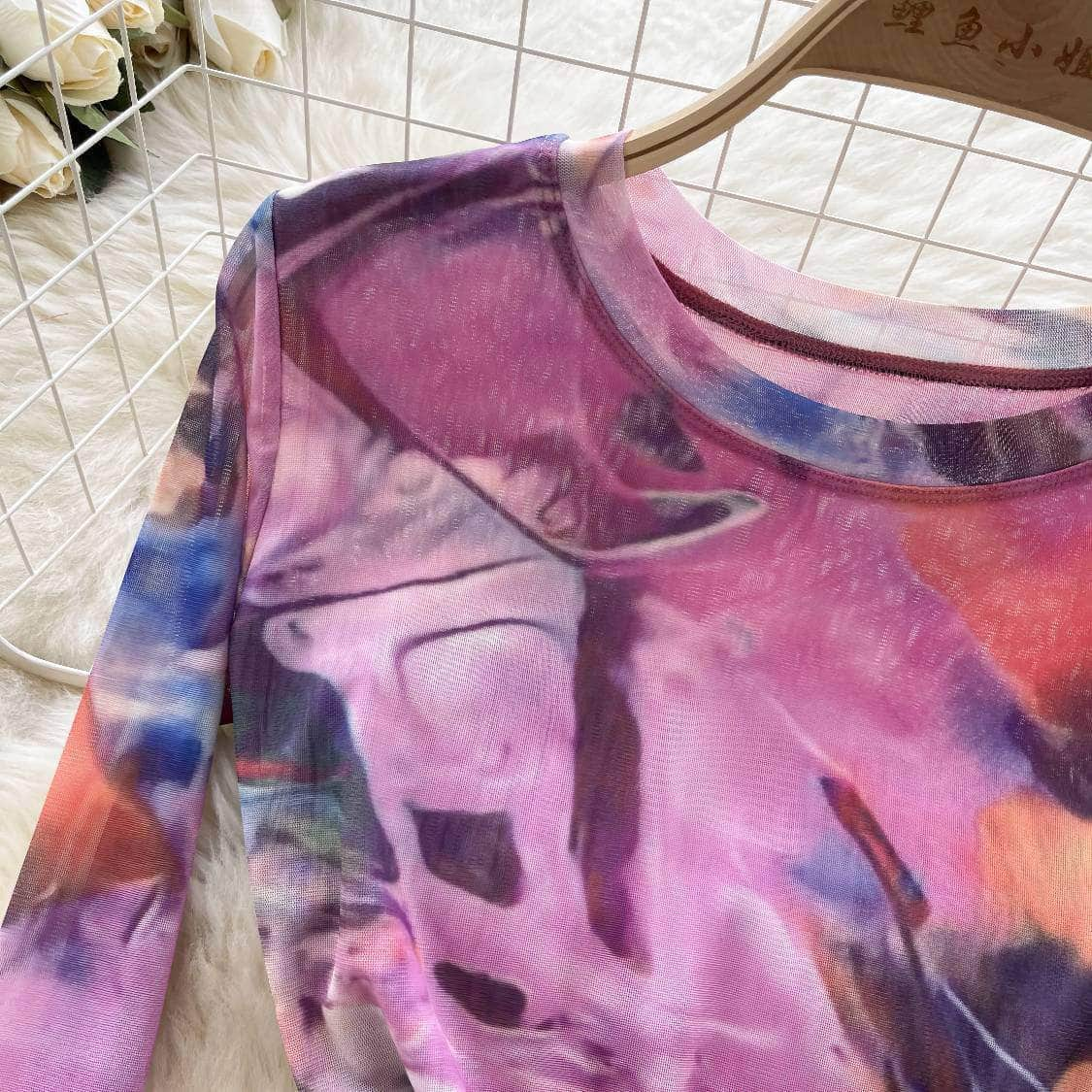 Long Sleeves Tie-Dye Print Mesh Top