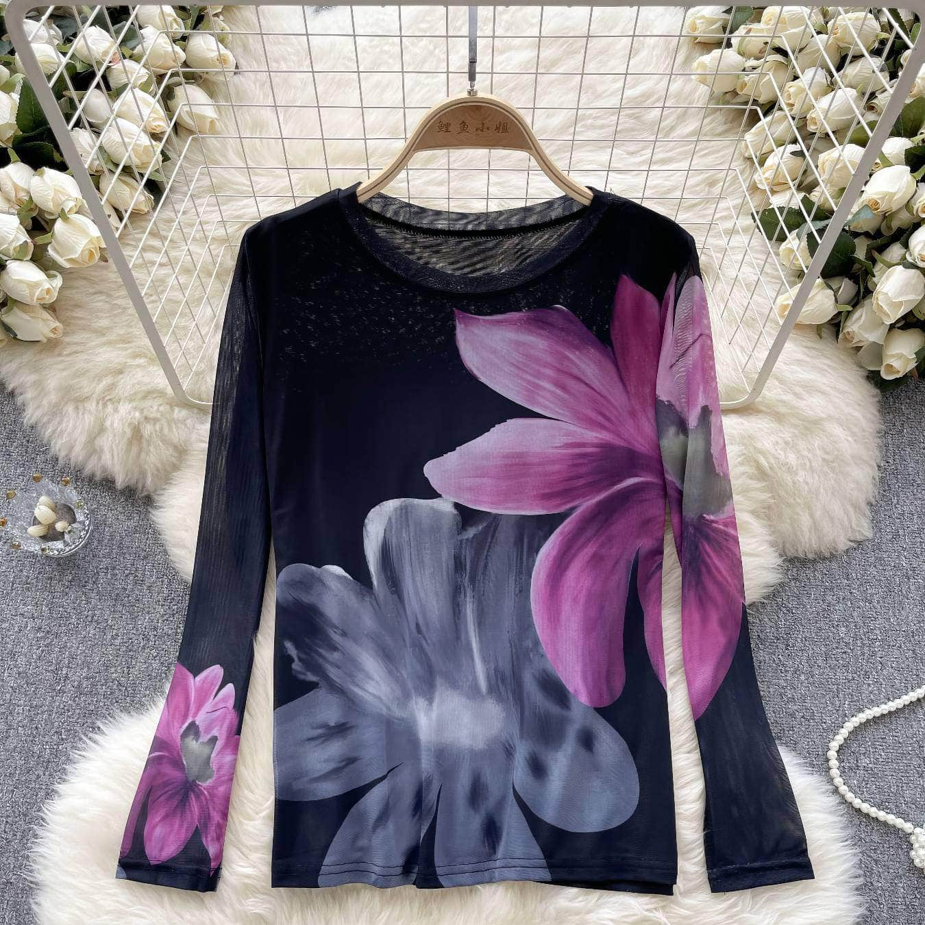 Long Sleeves Tie-Dye Print Mesh Top