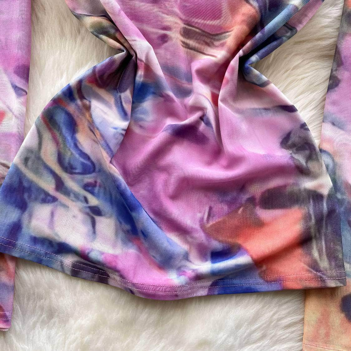 Long Sleeves Tie-Dye Print Mesh Top