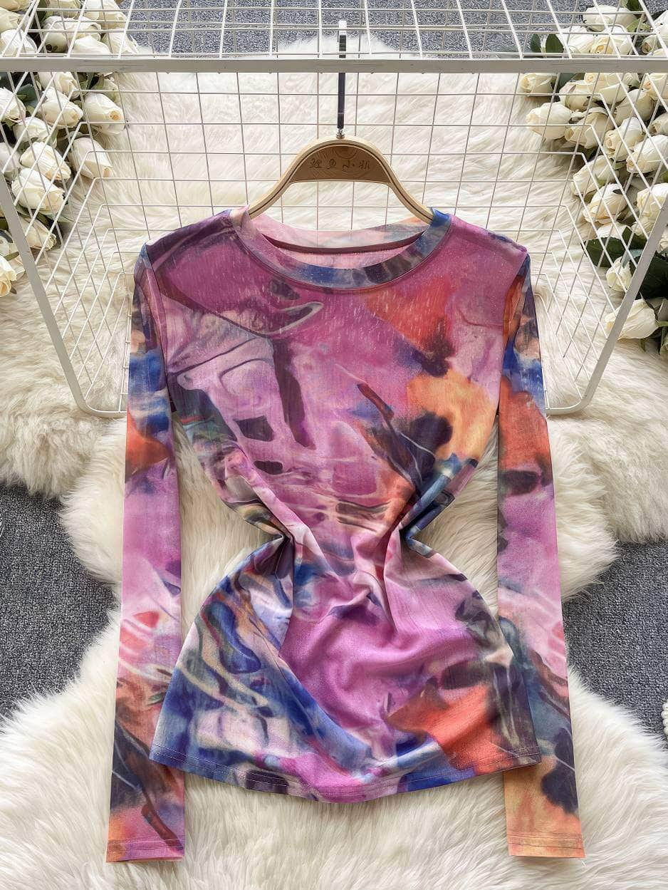 Long Sleeves Tie-Dye Print Mesh Top S / Classic Swirl