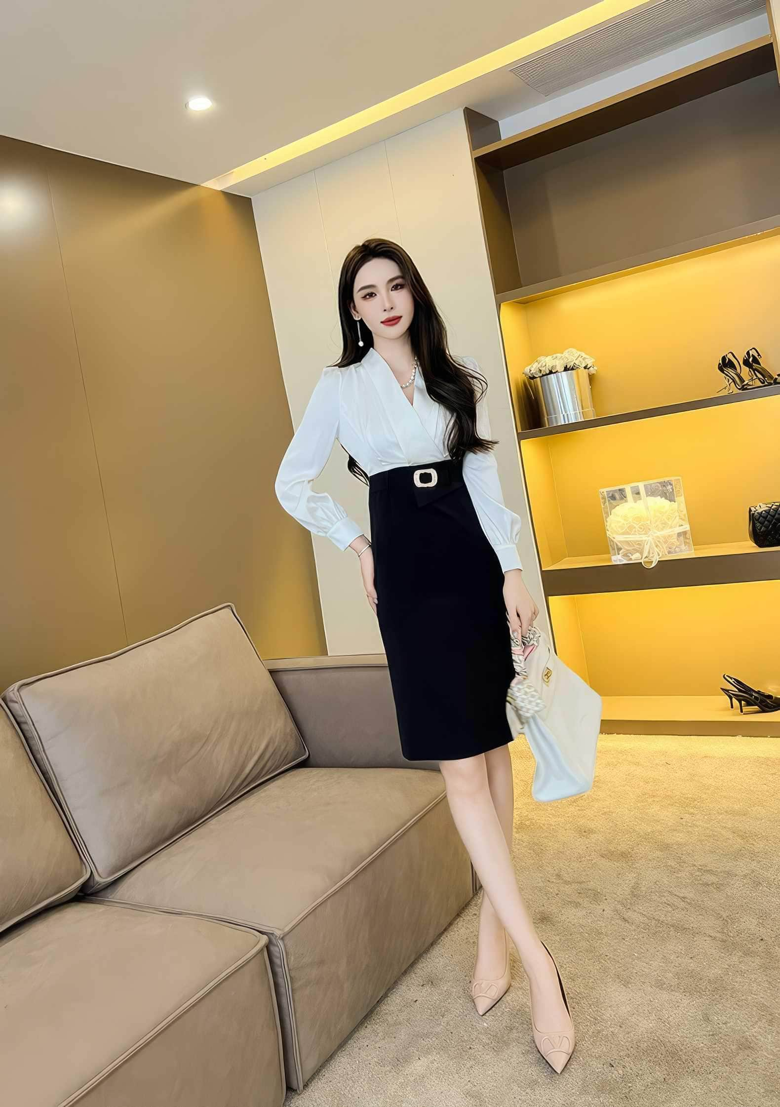 Long Sleeves V-Neck High Waist Dress