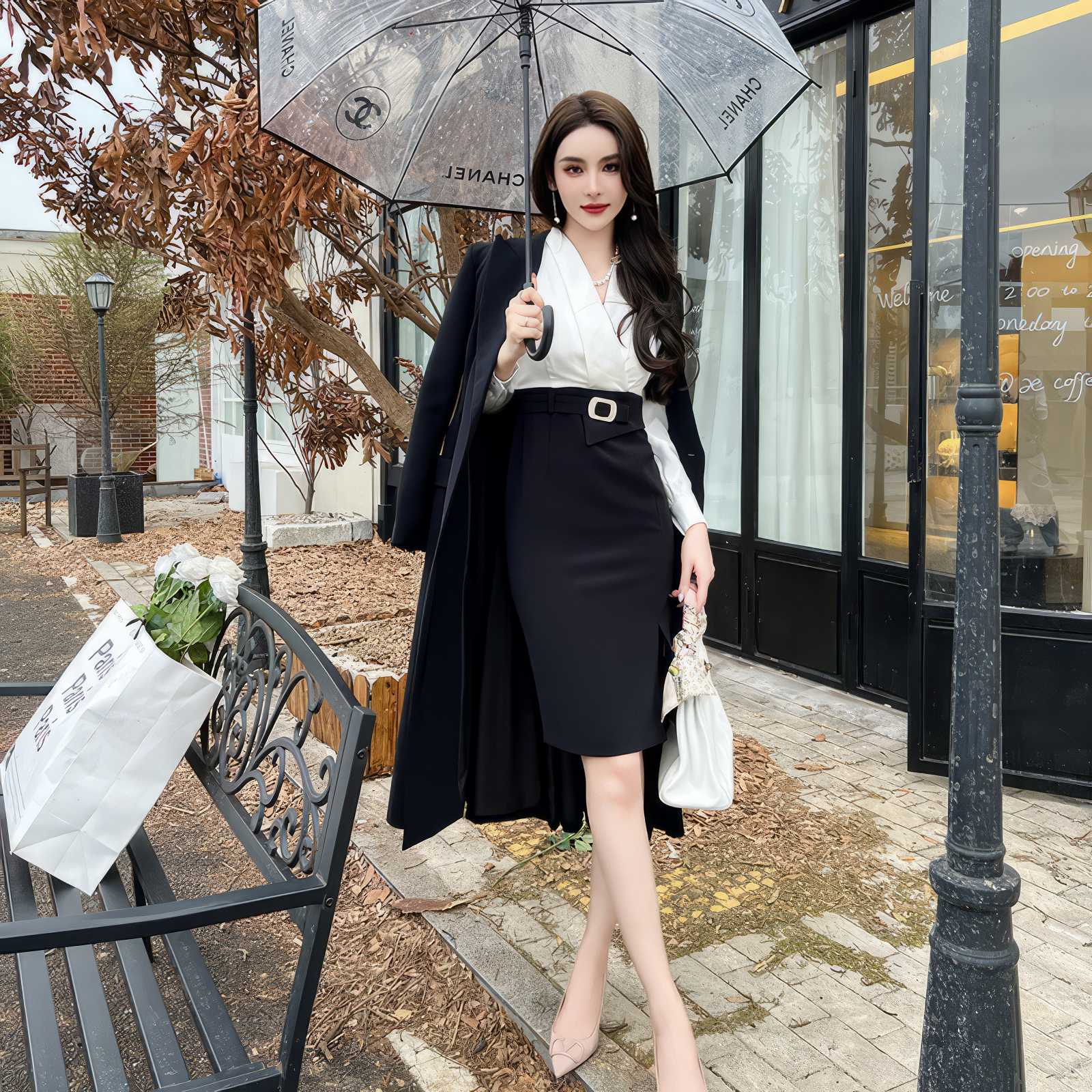 Long Sleeves V-Neck High Waist Dress