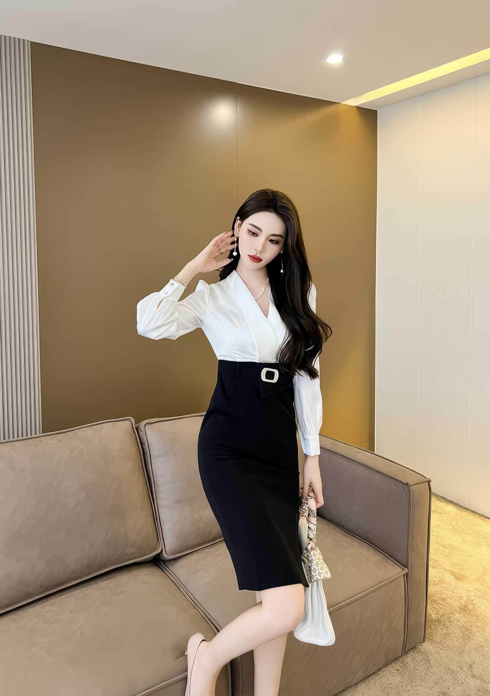 Long Sleeves V-Neck High Waist Dress