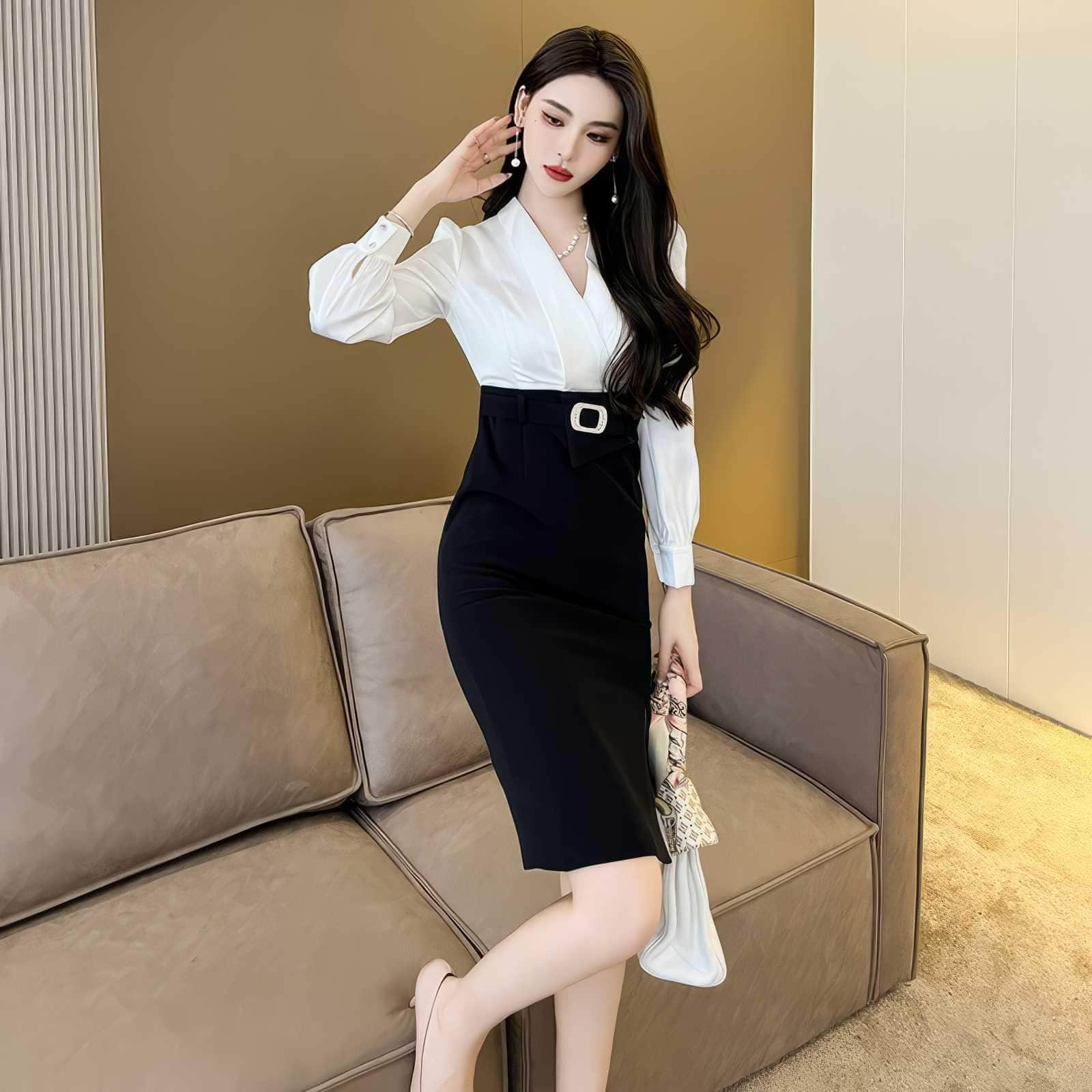 Long Sleeves V-Neck High Waist Dress