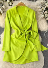 Long Sleeves Wrap Blazer Dress S / GreenYellow / With Belt