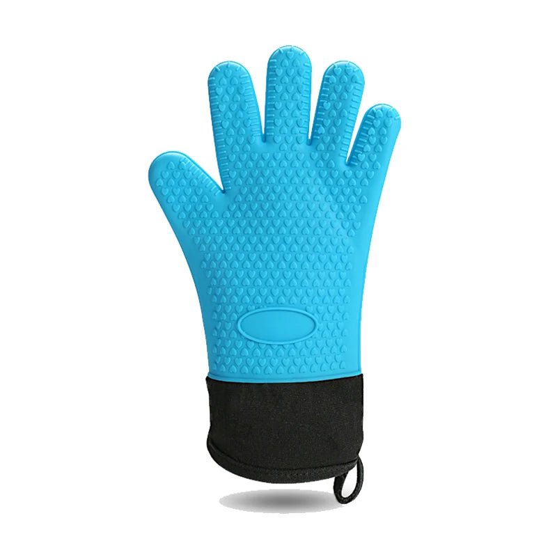 Long Thick Silicone Gloves Heat-resistant Non-slip Microwave Oven Mitts Kitchen BBQ Baking Cooking Canvas Stitching Oven Gloves 1Pcs Blue