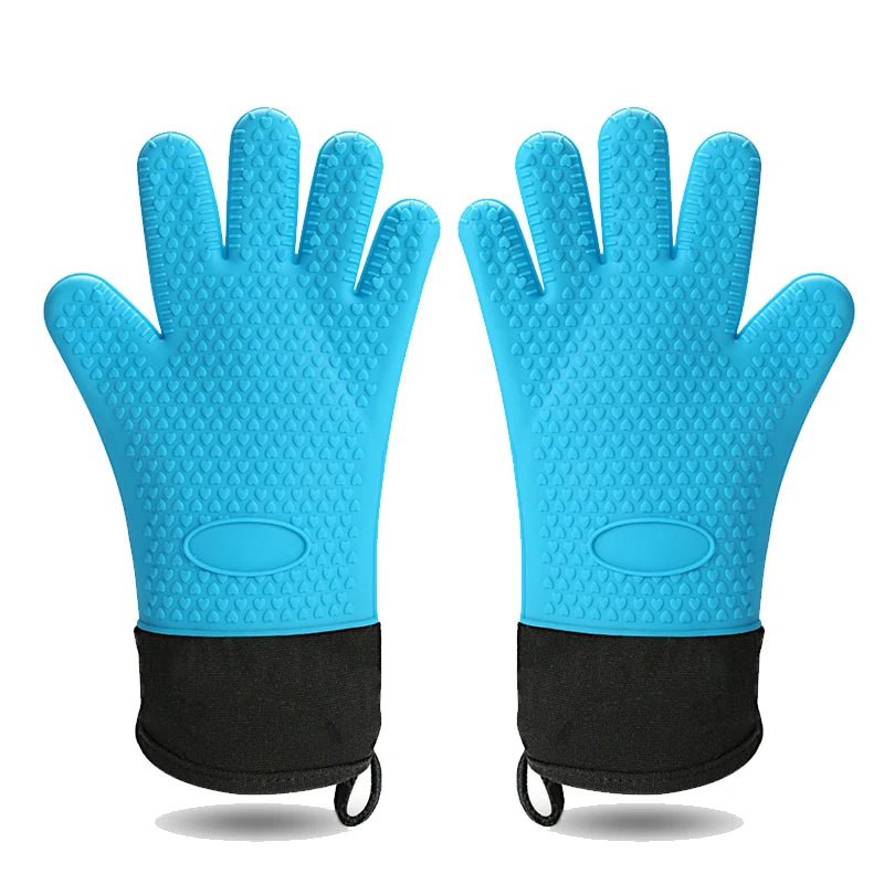 Long Thick Silicone Gloves Heat-resistant Non-slip Microwave Oven Mitts Kitchen BBQ Baking Cooking Canvas Stitching Oven Gloves 2Pcs Blue