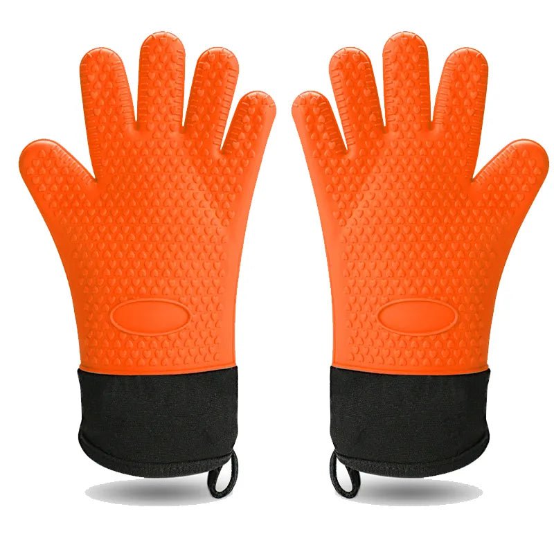 Long Thick Silicone Gloves Heat-resistant Non-slip Microwave Oven Mitts Kitchen BBQ Baking Cooking Canvas Stitching Oven Gloves 2Pcs Orange