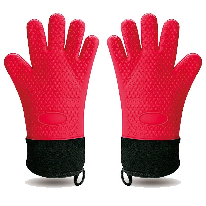 Long Thick Silicone Gloves Heat-resistant Non-slip Microwave Oven Mitts Kitchen BBQ Baking Cooking Canvas Stitching Oven Gloves 2Pcs Red