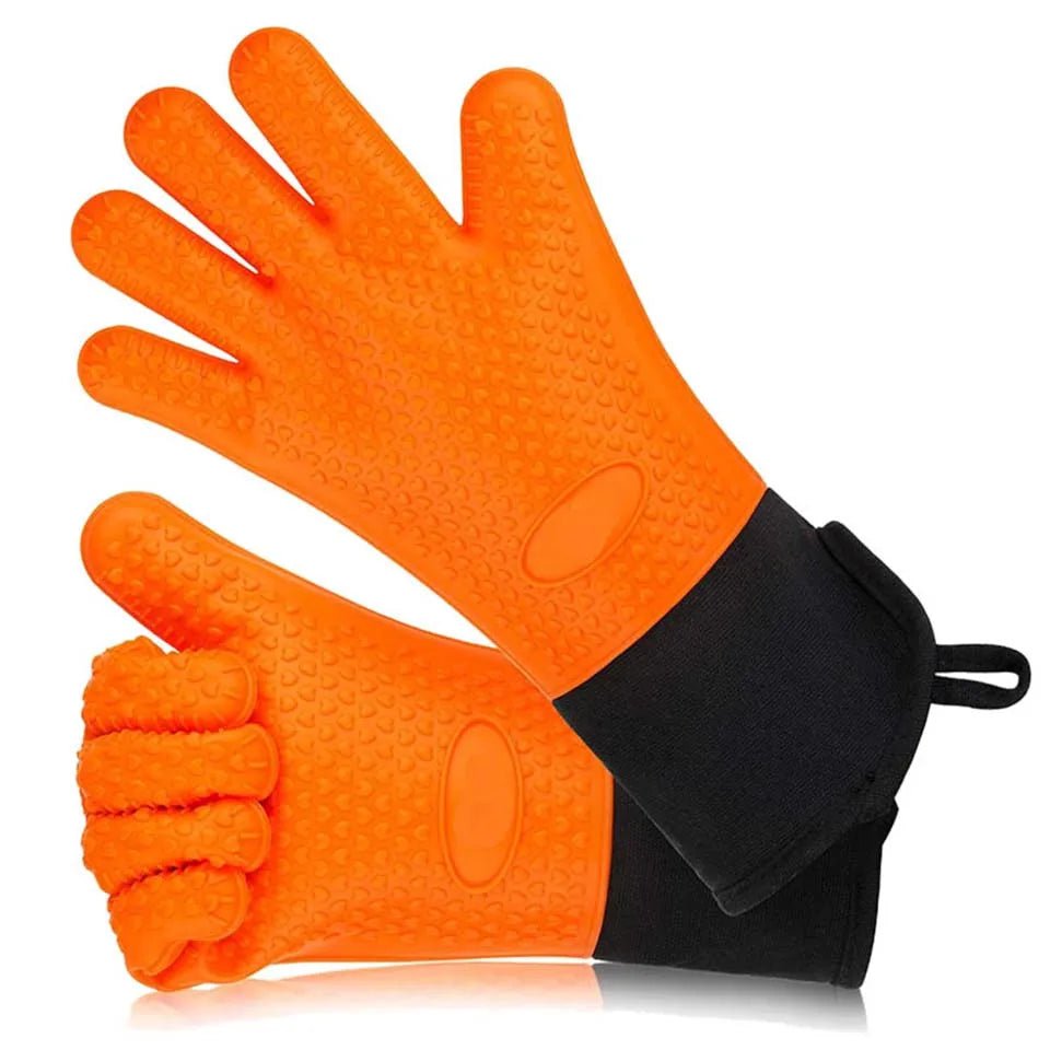 Long Thick Silicone Gloves Heat-resistant Non-slip Microwave Oven Mitts Kitchen BBQ Baking Cooking Canvas Stitching Oven Gloves