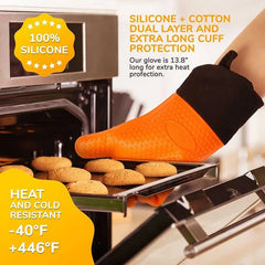 Long Thick Silicone Gloves Heat-resistant Non-slip Microwave Oven Mitts Kitchen BBQ Baking Cooking Canvas Stitching Oven Gloves