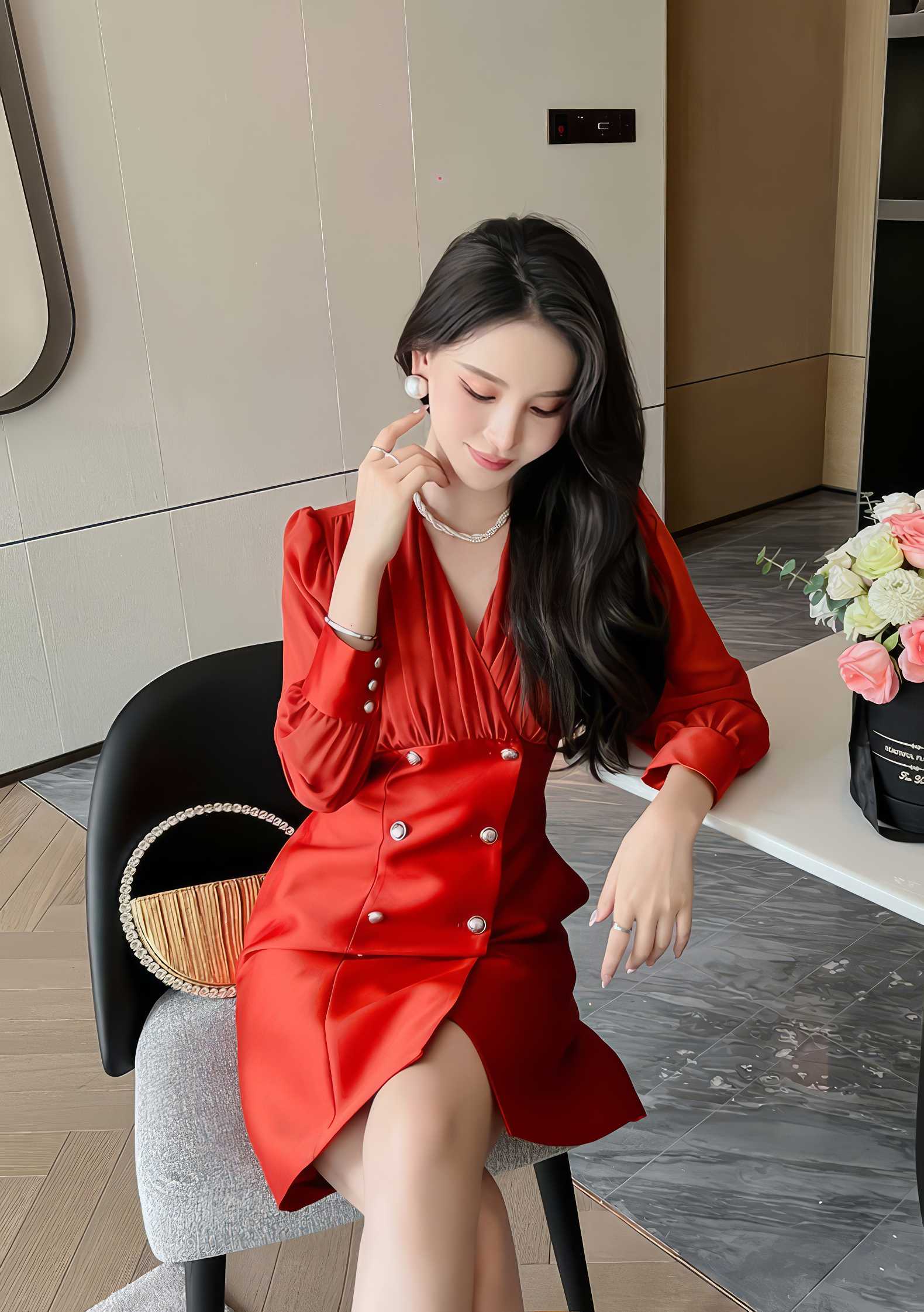 Longsleeve V-Neck Ruffled Blazer Dress