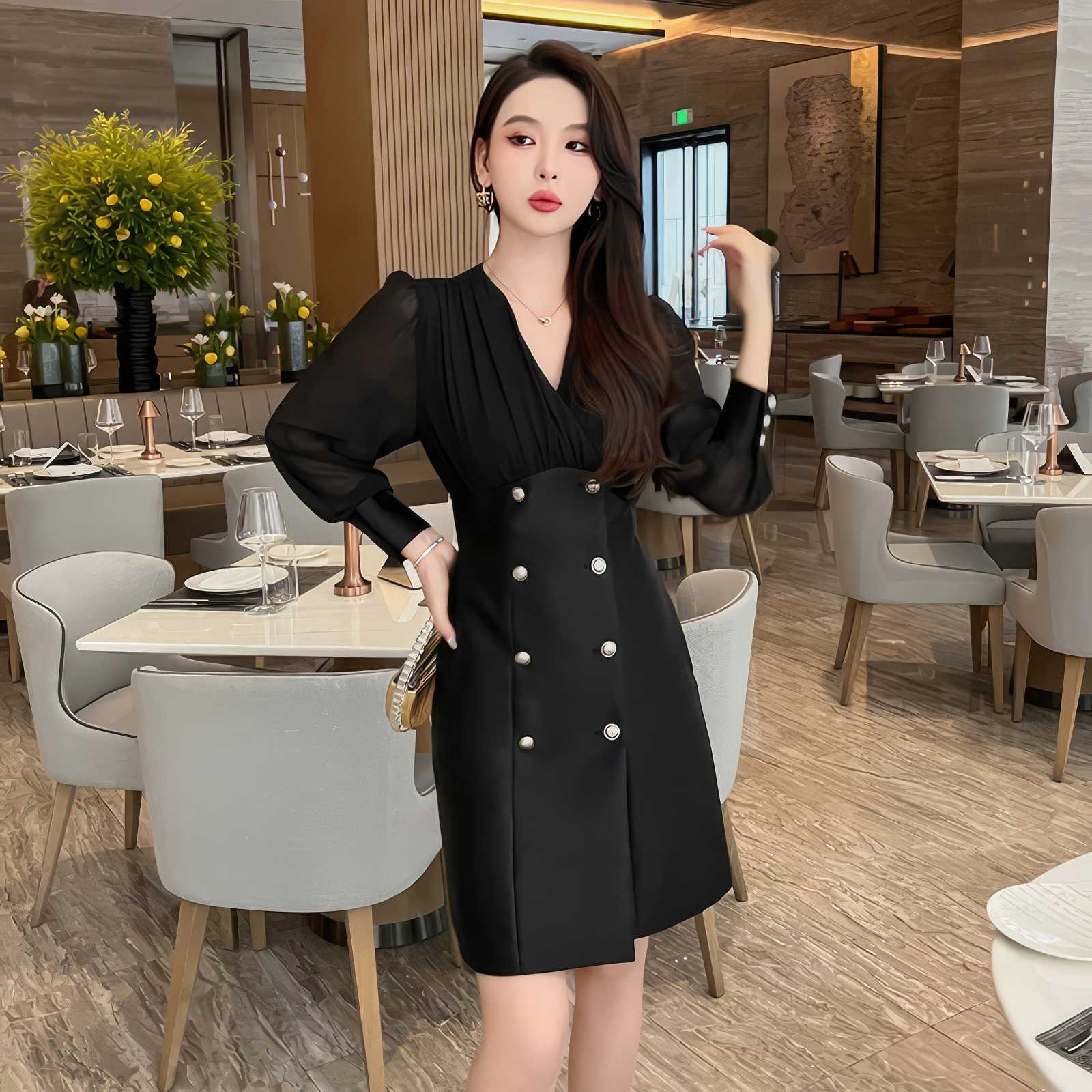 Longsleeve V-Neck Ruffled Blazer Dress