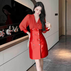 Longsleeve V-Neck Ruffled Blazer Dress