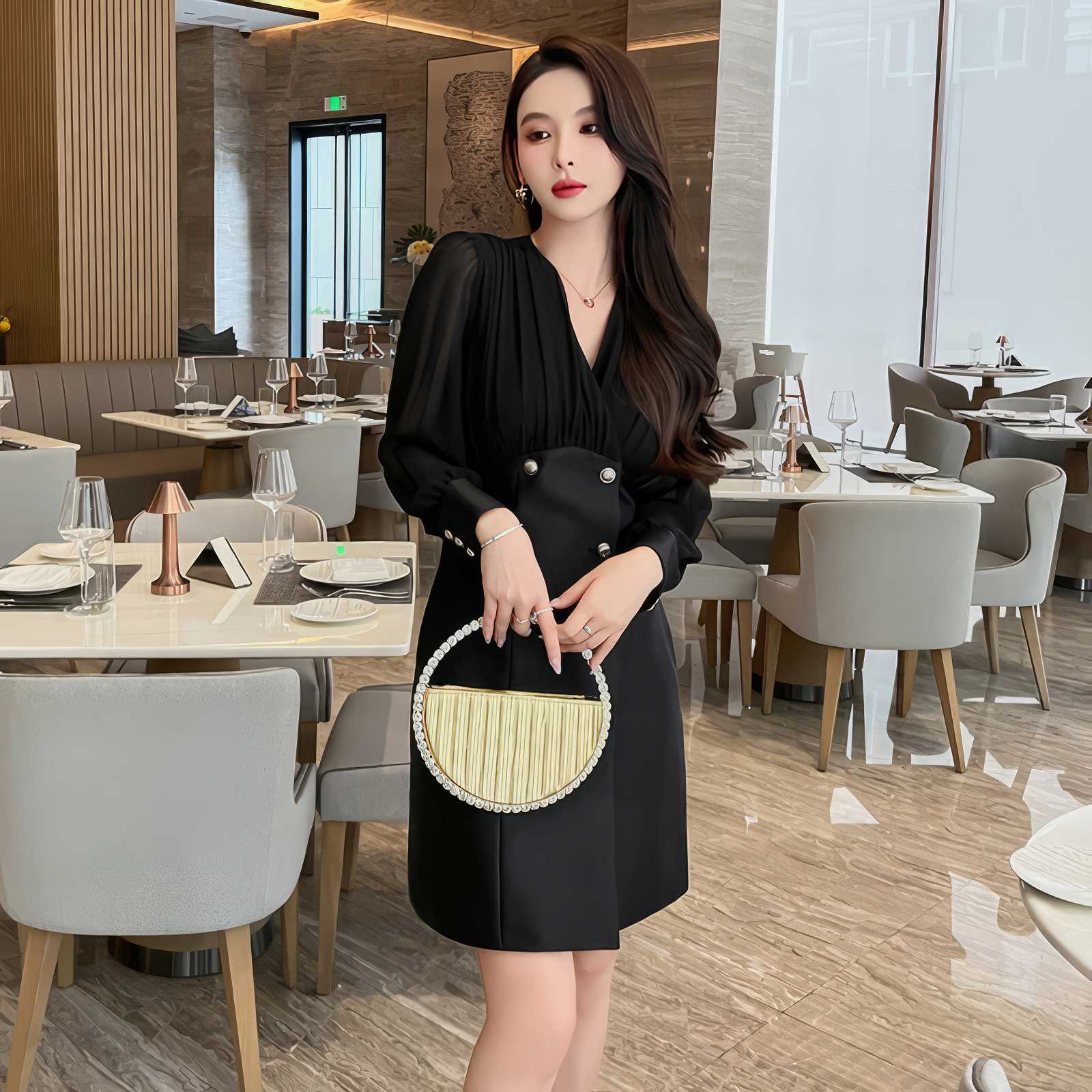 Longsleeve V-Neck Ruffled Blazer Dress S / Black