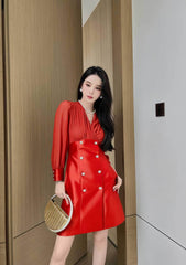 Longsleeve V-Neck Ruffled Blazer Dress S / Red