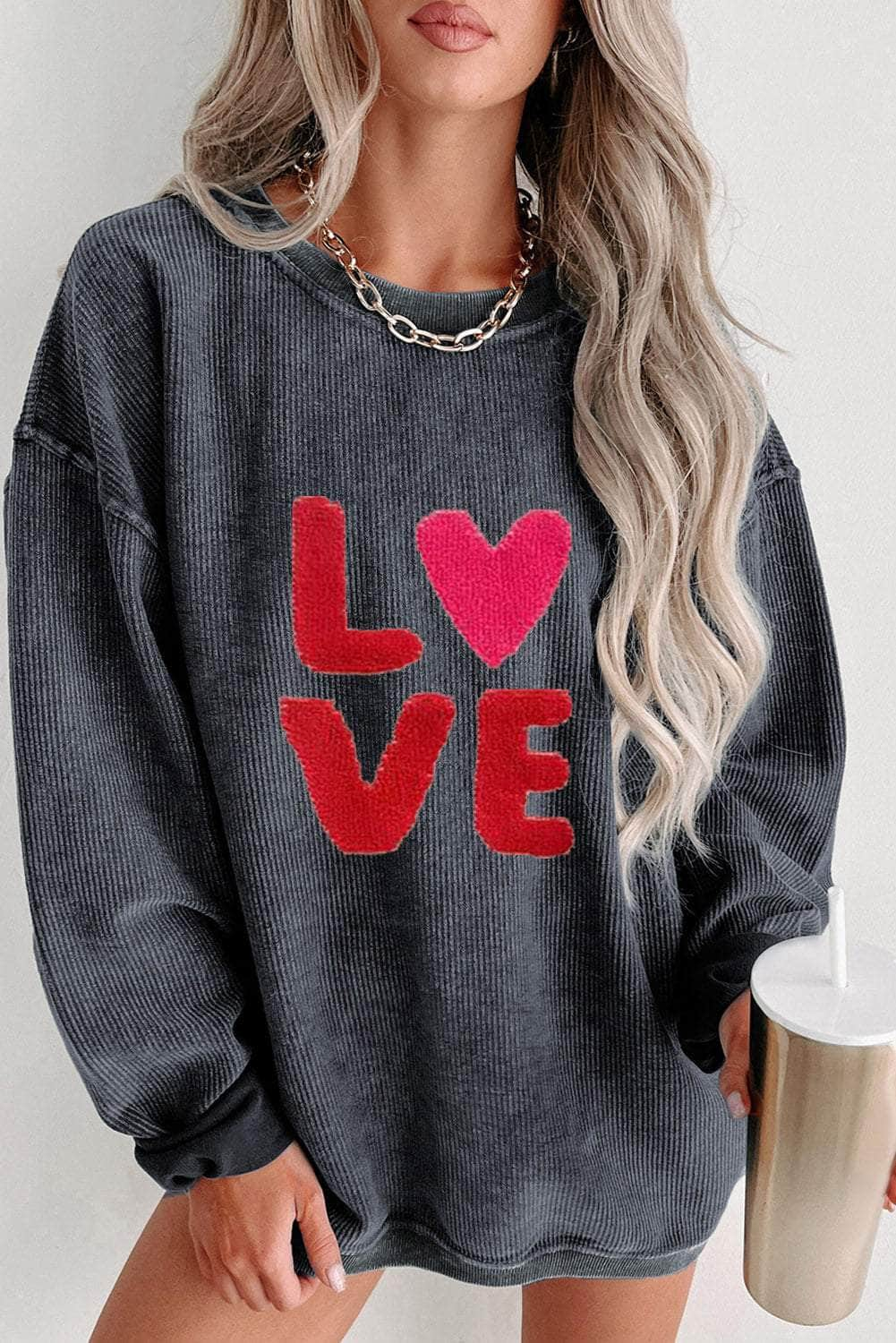 LOVE Round Neck Dropped Shoulder Sweatshirt Charcoal / L