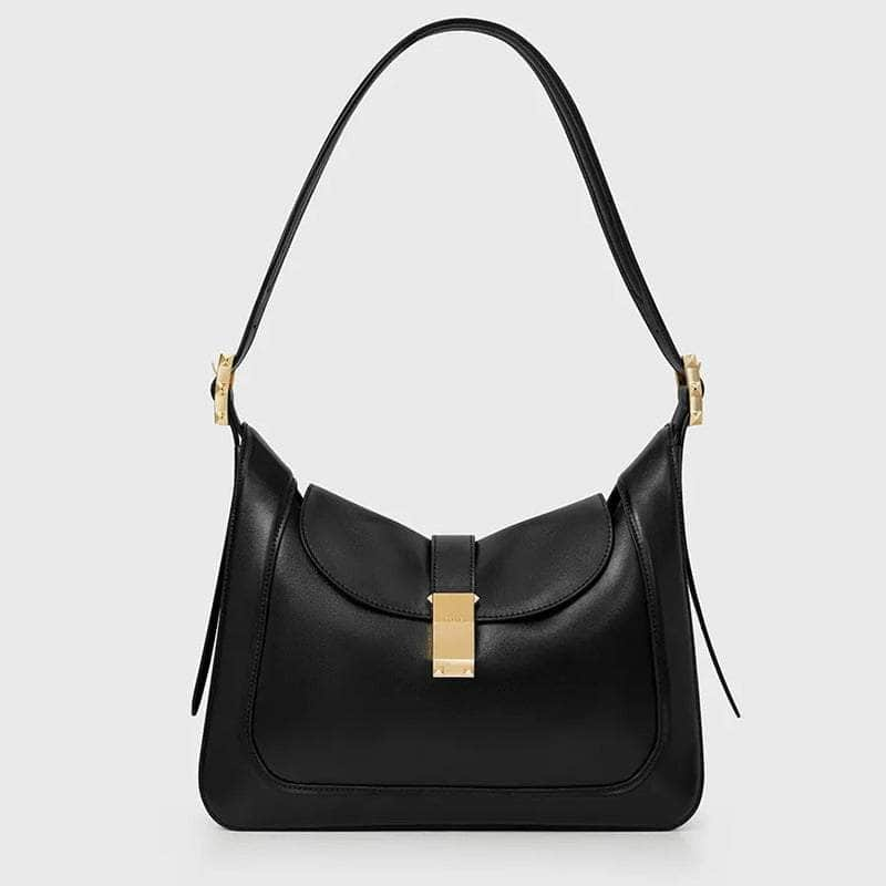 Luxe Strap-Adorned Brushed Leather Hobo Bag Black