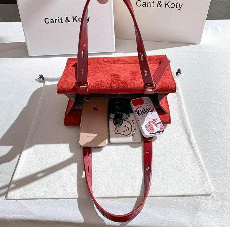 Luxe Suede Red Strap Handle Handbag