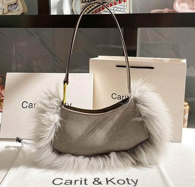 Luxurious Furry Pouch Shoulder Bag Grey