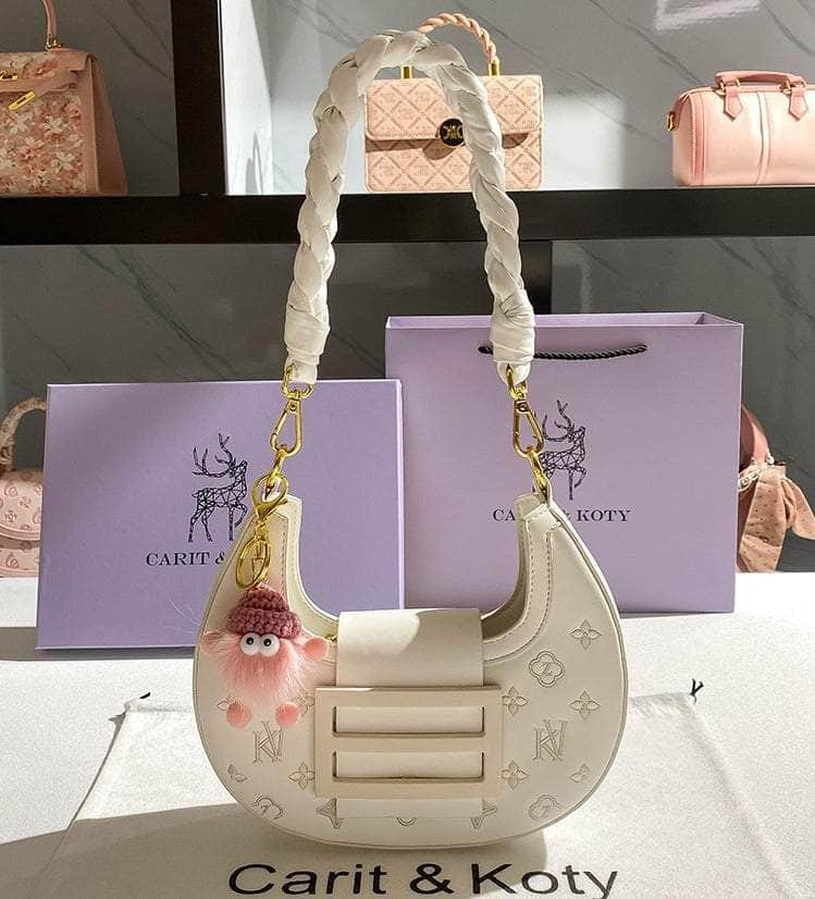 Luxurious Moon-Shape Handbag with Embossed Monogram Design White