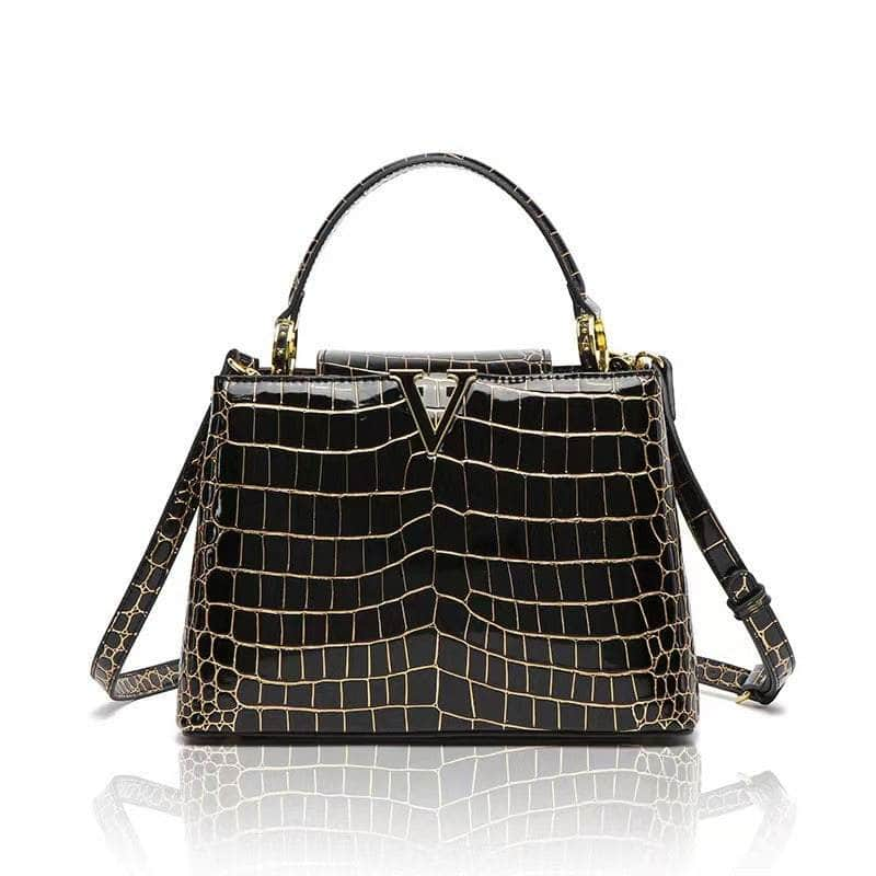 Luxurious Shimmering Croc Leather Handbag Black