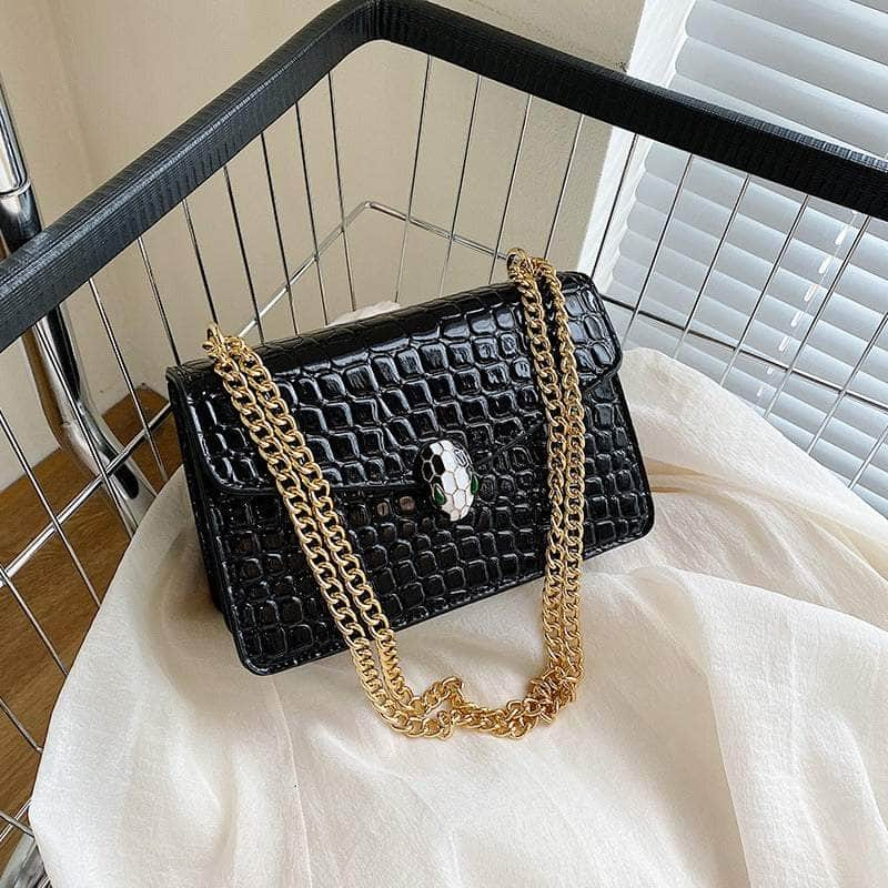 Luxury Chain Strap Croc Leather Shoulder Crossbody Bag Black