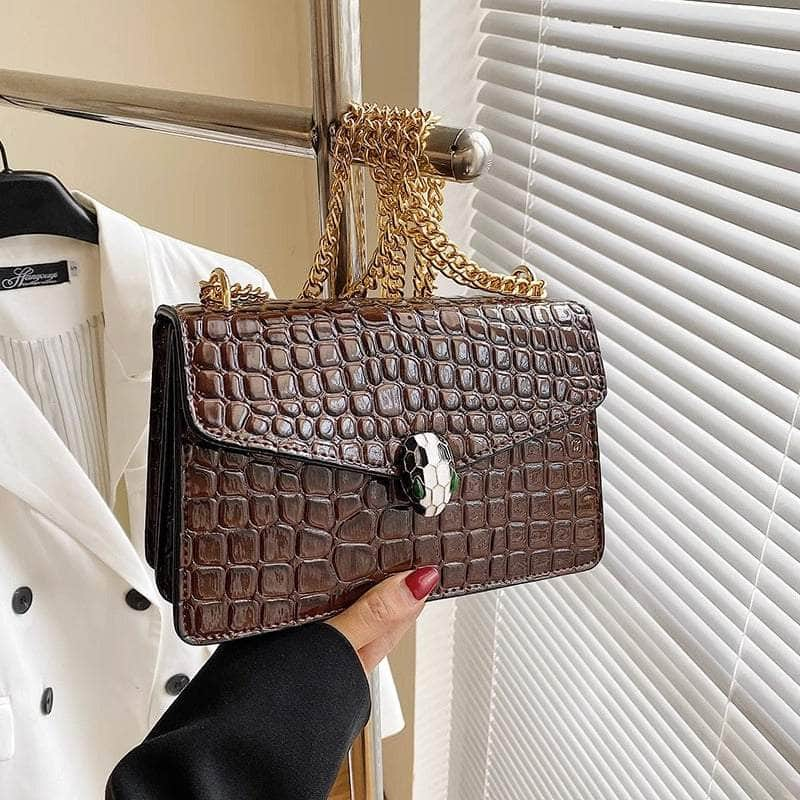 Luxury Chain Strap Croc Leather Shoulder Crossbody Bag Brown