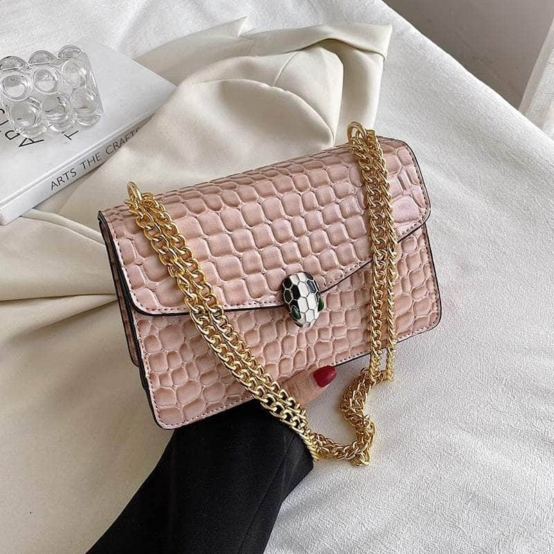 Luxury Chain Strap Croc Leather Shoulder Crossbody Bag Pink