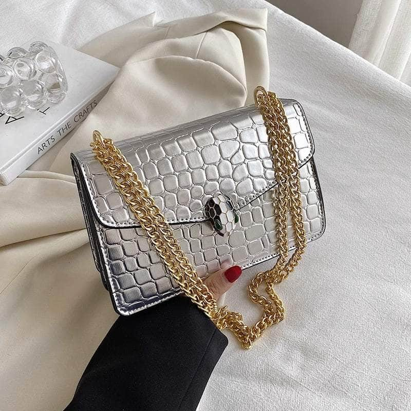 Luxury Chain Strap Croc Leather Shoulder Crossbody Bag Silver