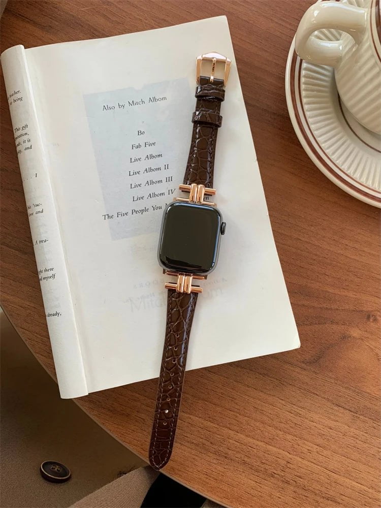 Luxury Metal and Genuine Leather Band for Apple Watch Series Gold Coffee / 49mm
