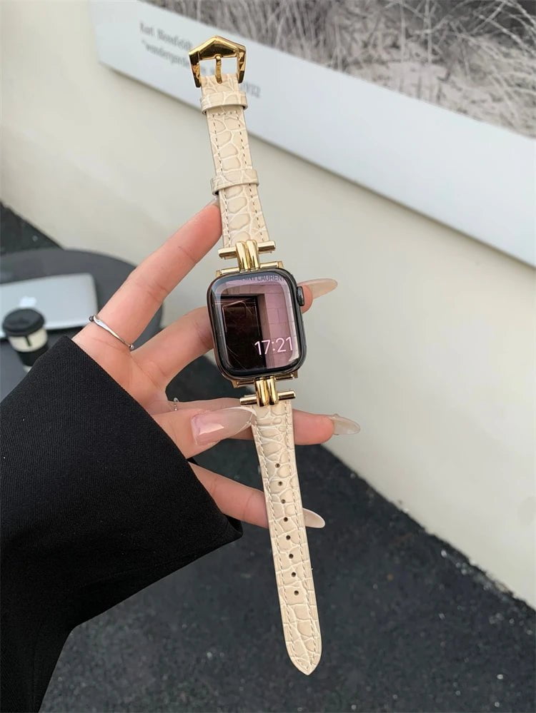Luxury Metal and Genuine Leather Band for Apple Watch Series Gold Creamy / 42 or 44 or 45mm