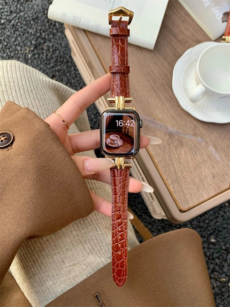 Luxury Metal and Genuine Leather Band for Apple Watch Series Gold Drak Brown / 38 or 40 or 41mm