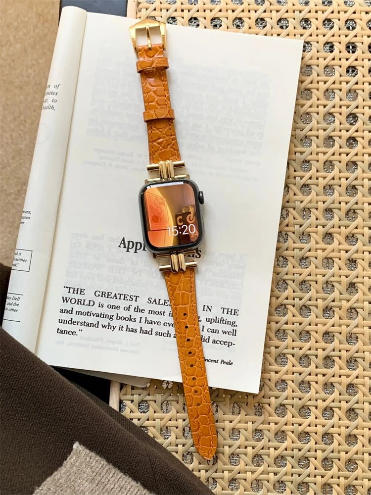 Luxury Metal and Genuine Leather Band for Apple Watch Series Gold Yellow / 42 or 44 or 45mm