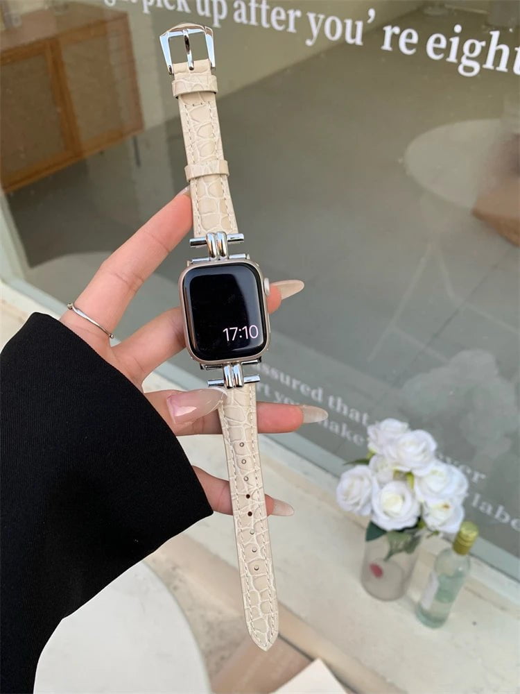 Luxury Metal and Genuine Leather Band for Apple Watch Series Silver Creamy / 38 or 40 or 41mm