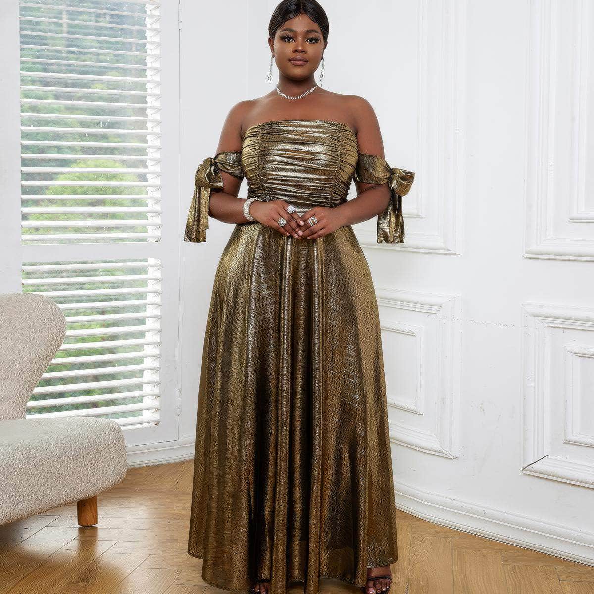 Luxury Metallic Gold Ruched Pleated Maxi Dress
