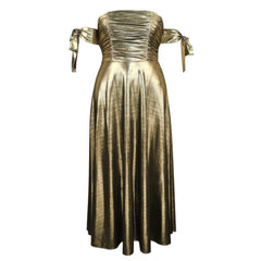 Luxury Metallic Gold Ruched Pleated Maxi Dress