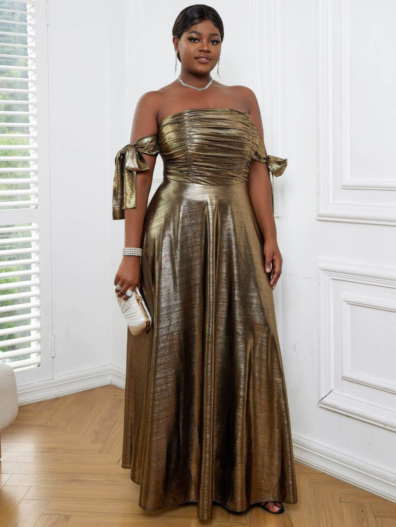 Luxury Metallic Gold Ruched Pleated Maxi Dress